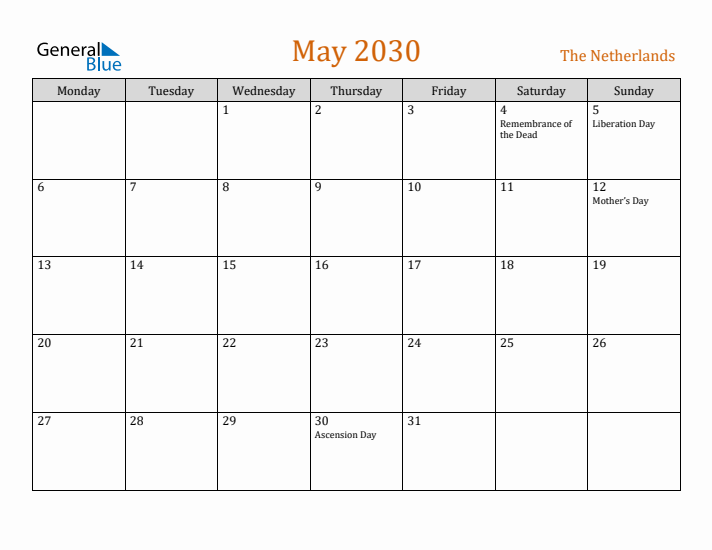 May 2030 Holiday Calendar with Monday Start