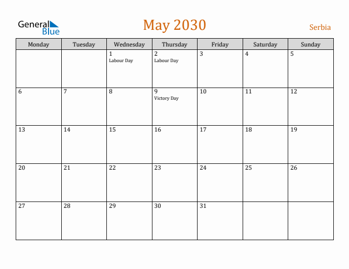 May 2030 Holiday Calendar with Monday Start