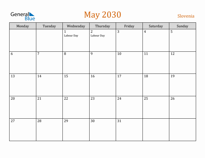 May 2030 Holiday Calendar with Monday Start