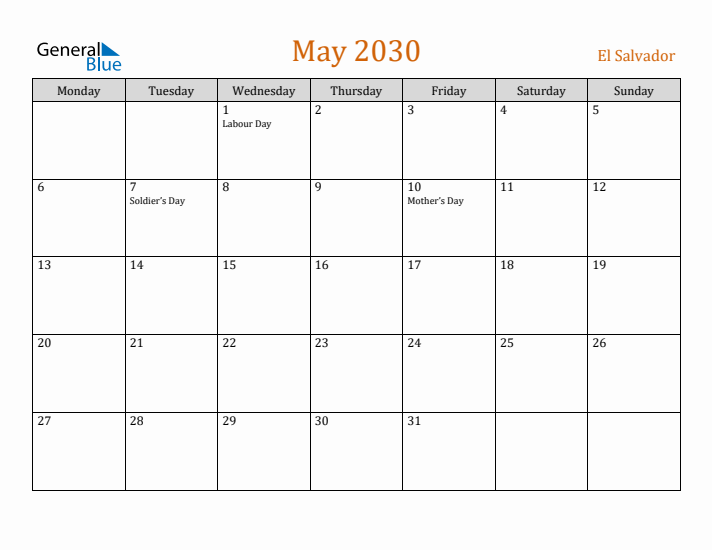 May 2030 Holiday Calendar with Monday Start