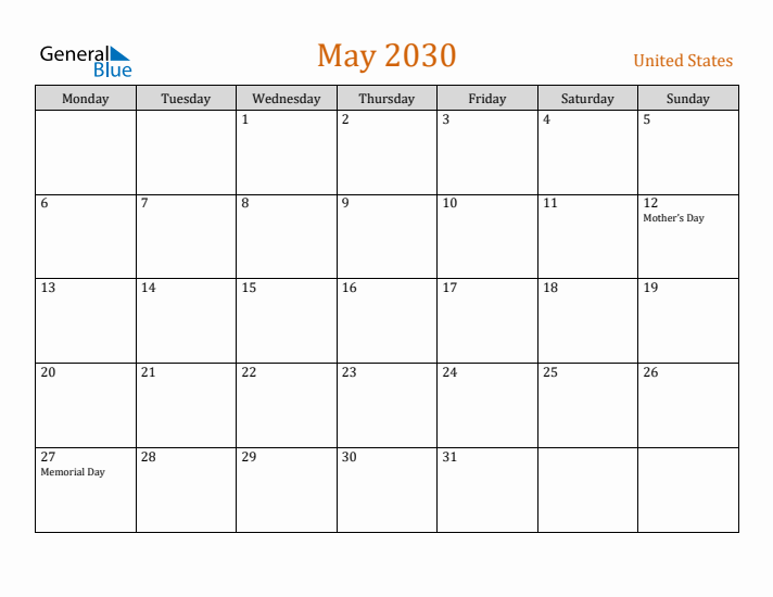 May 2030 Holiday Calendar with Monday Start