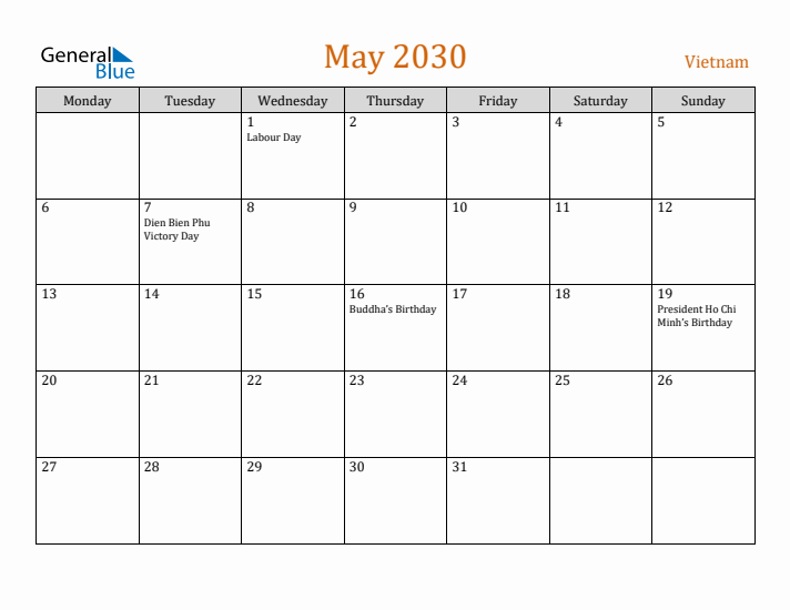 May 2030 Holiday Calendar with Monday Start