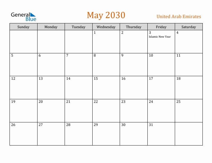 May 2030 Holiday Calendar with Sunday Start