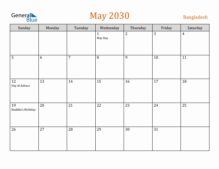 May 2030 Holiday Calendar with Sunday Start