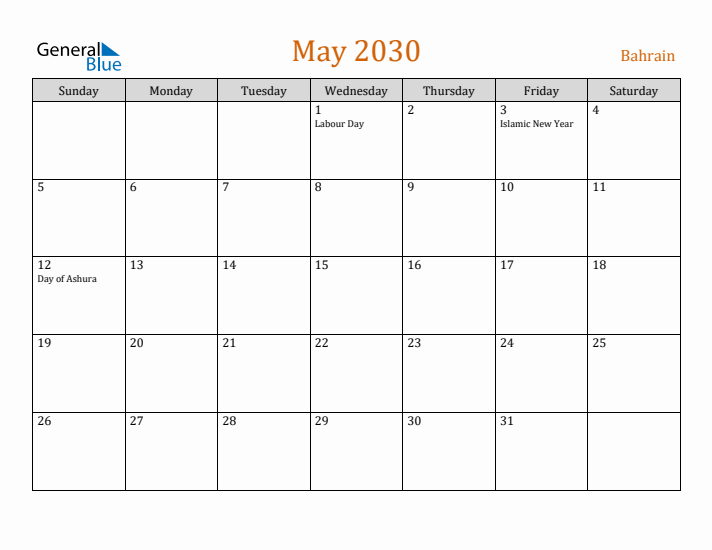 May 2030 Holiday Calendar with Sunday Start