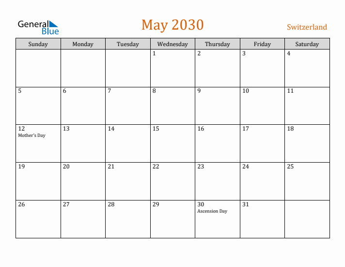 May 2030 Holiday Calendar with Sunday Start