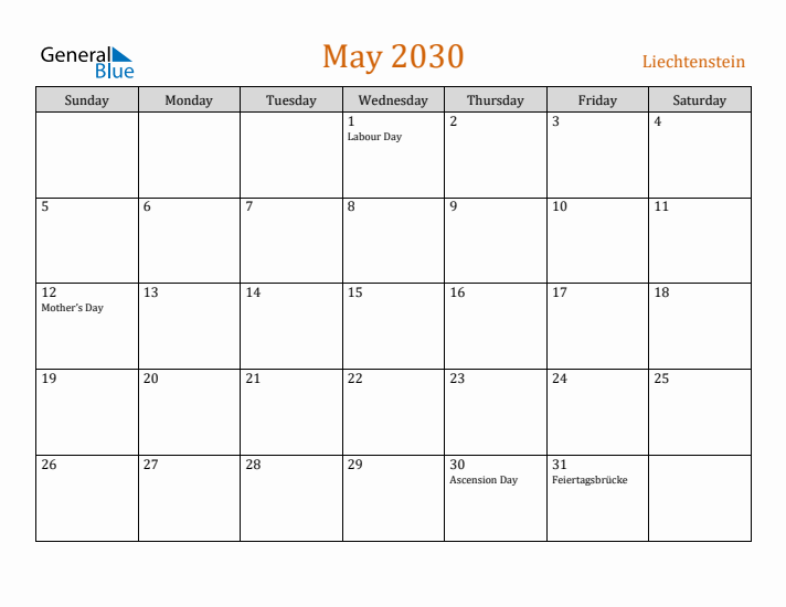 May 2030 Holiday Calendar with Sunday Start