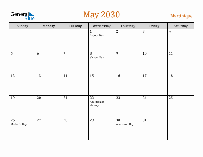 May 2030 Holiday Calendar with Sunday Start