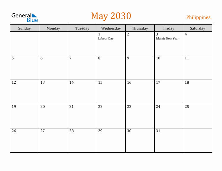 May 2030 Holiday Calendar with Sunday Start