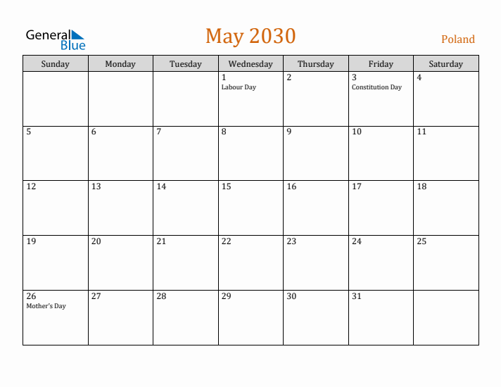 May 2030 Holiday Calendar with Sunday Start