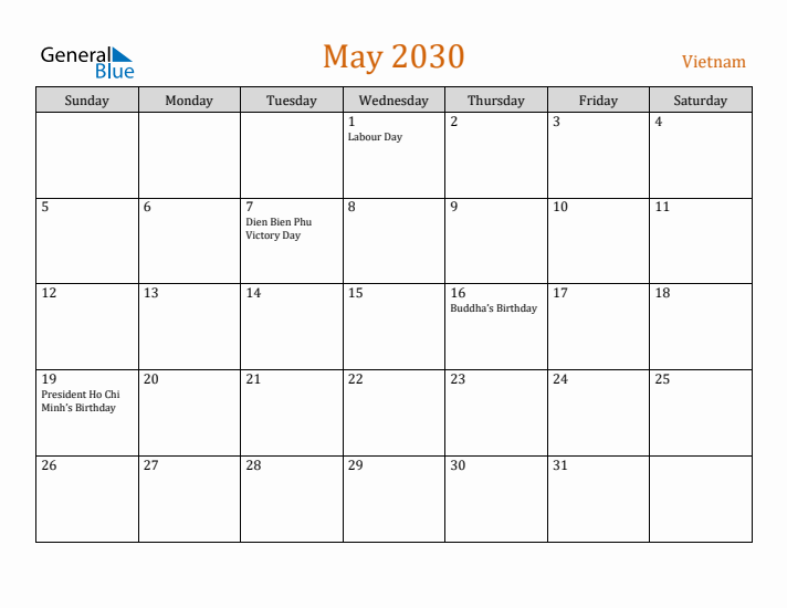 May 2030 Holiday Calendar with Sunday Start