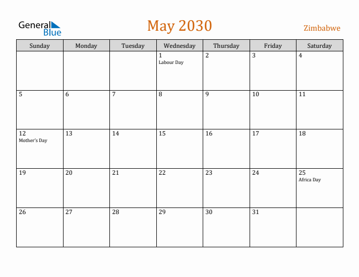 May 2030 Holiday Calendar with Sunday Start