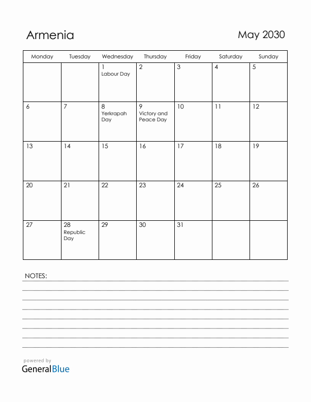 May 2030 Armenia Calendar with Holidays (Monday Start)