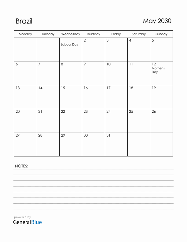 May 2030 Brazil Calendar with Holidays (Monday Start)