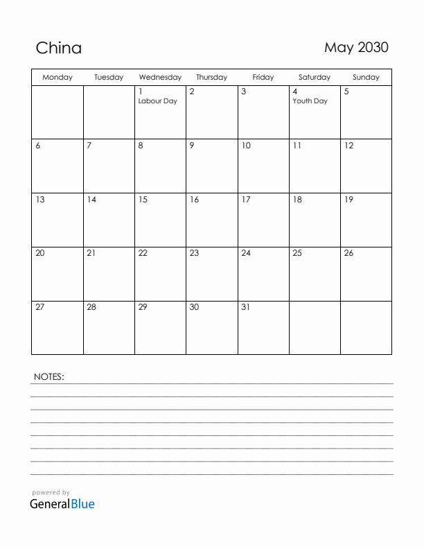 May 2030 China Calendar with Holidays (Monday Start)