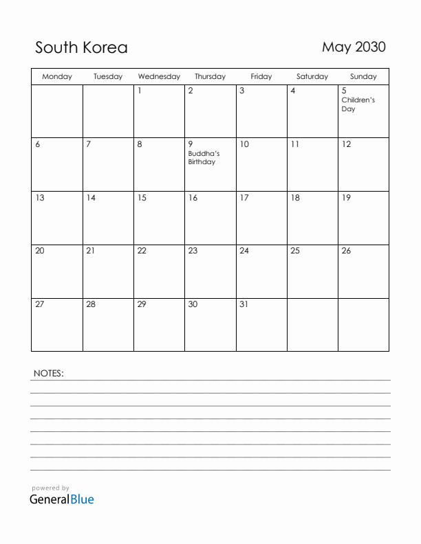 May 2030 South Korea Calendar with Holidays (Monday Start)