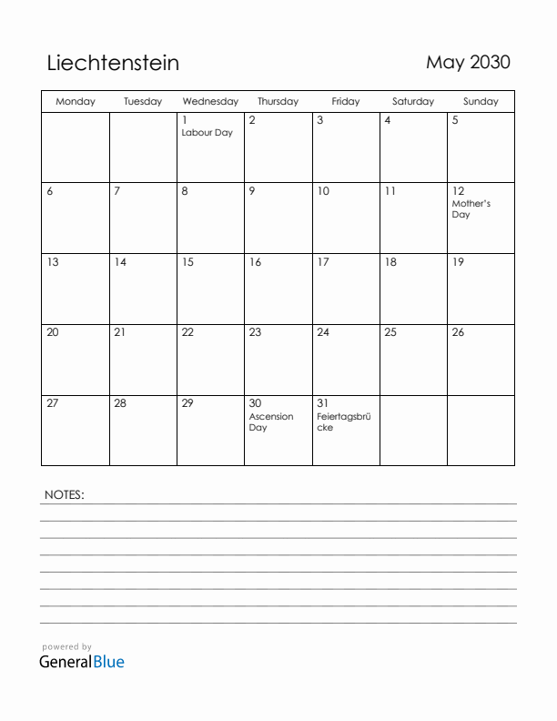 May 2030 Liechtenstein Calendar with Holidays (Monday Start)