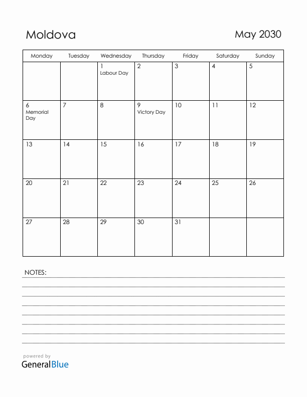 May 2030 Moldova Calendar with Holidays (Monday Start)