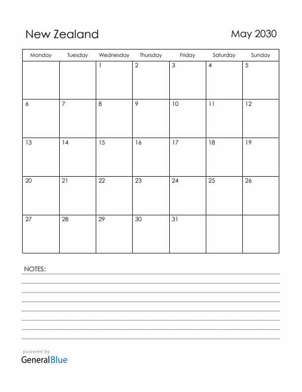 May 2030 New Zealand Calendar with Holidays (Monday Start)