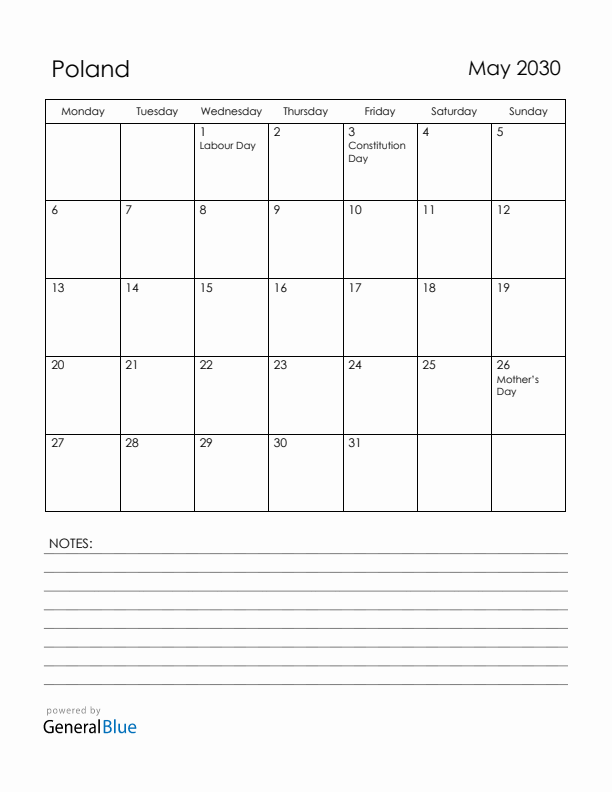 May 2030 Poland Calendar with Holidays (Monday Start)