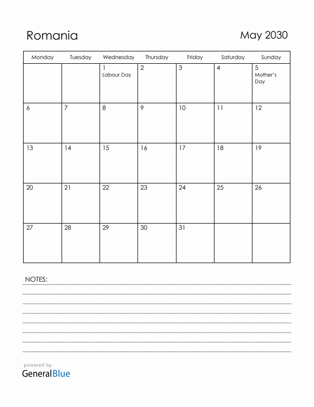 May 2030 Romania Calendar with Holidays (Monday Start)