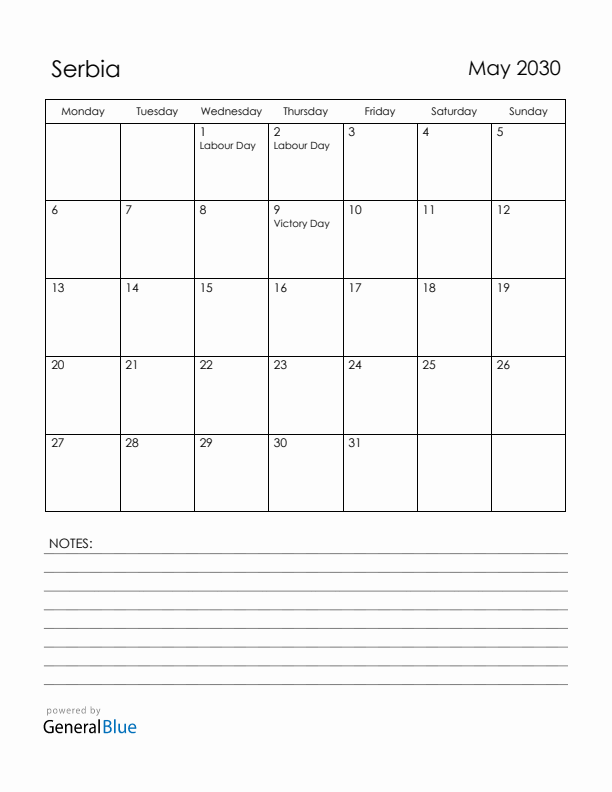 May 2030 Serbia Calendar with Holidays (Monday Start)