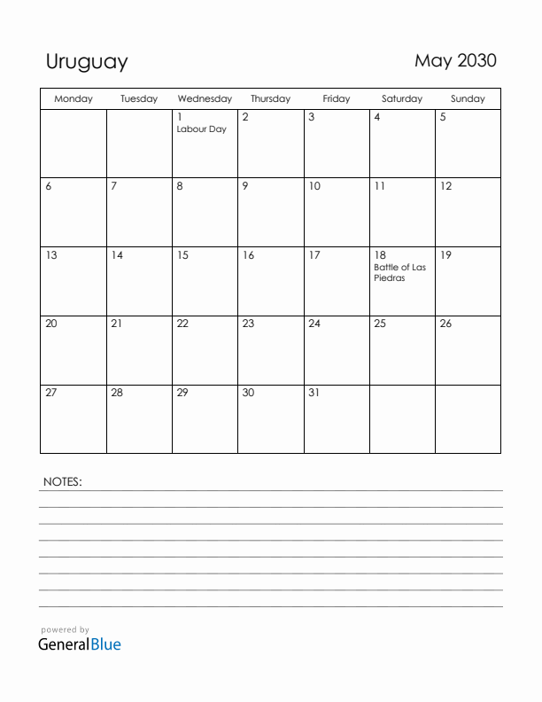 May 2030 Uruguay Calendar with Holidays (Monday Start)