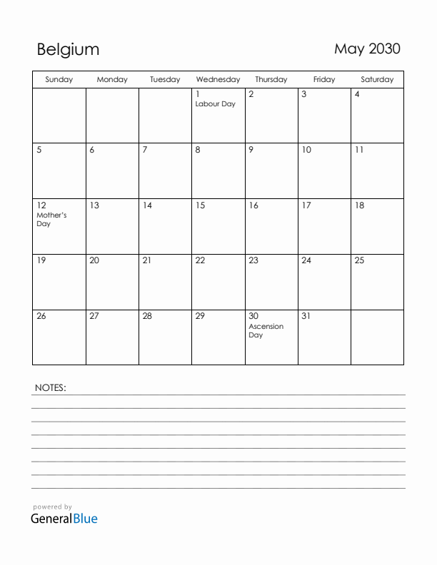 May 2030 Belgium Calendar with Holidays (Sunday Start)