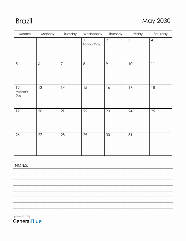 May 2030 Brazil Calendar with Holidays (Sunday Start)