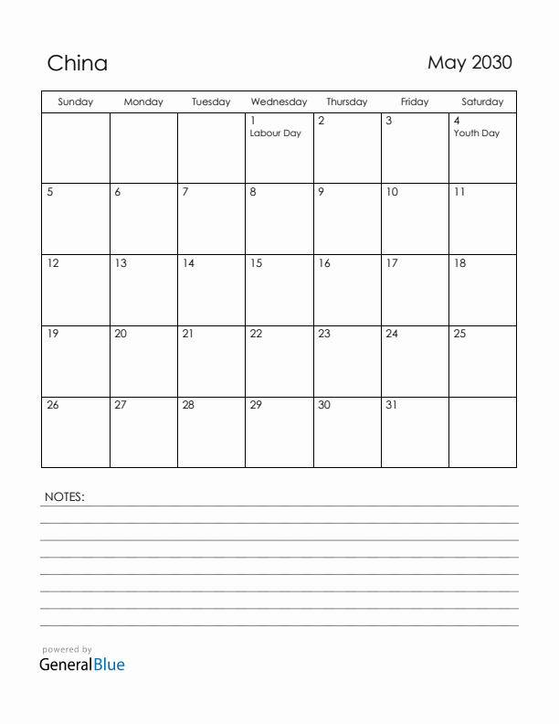 May 2030 China Calendar with Holidays (Sunday Start)