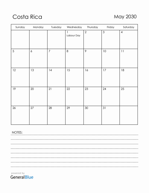 May 2030 Costa Rica Calendar with Holidays (Sunday Start)