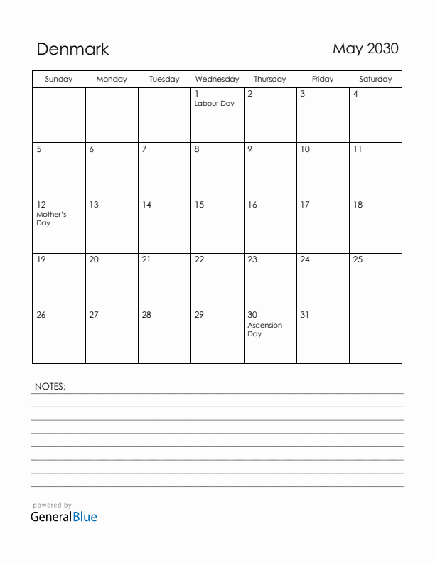 May 2030 Denmark Calendar with Holidays (Sunday Start)