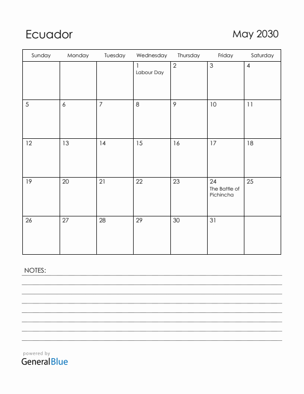 May 2030 Ecuador Calendar with Holidays (Sunday Start)