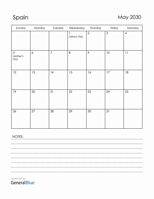 May 2030 Spain Calendar with Holidays (Sunday Start)