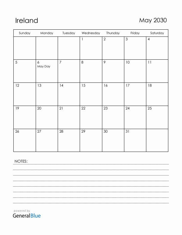May 2030 Ireland Calendar with Holidays (Sunday Start)