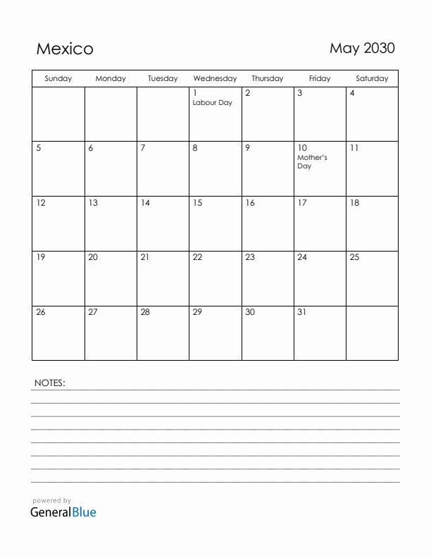 May 2030 Mexico Calendar with Holidays (Sunday Start)