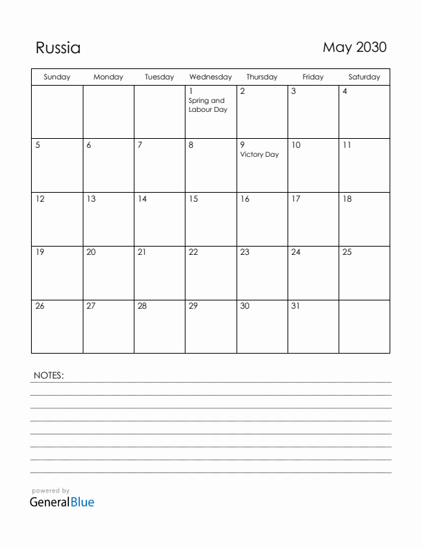 May 2030 Russia Calendar with Holidays (Sunday Start)