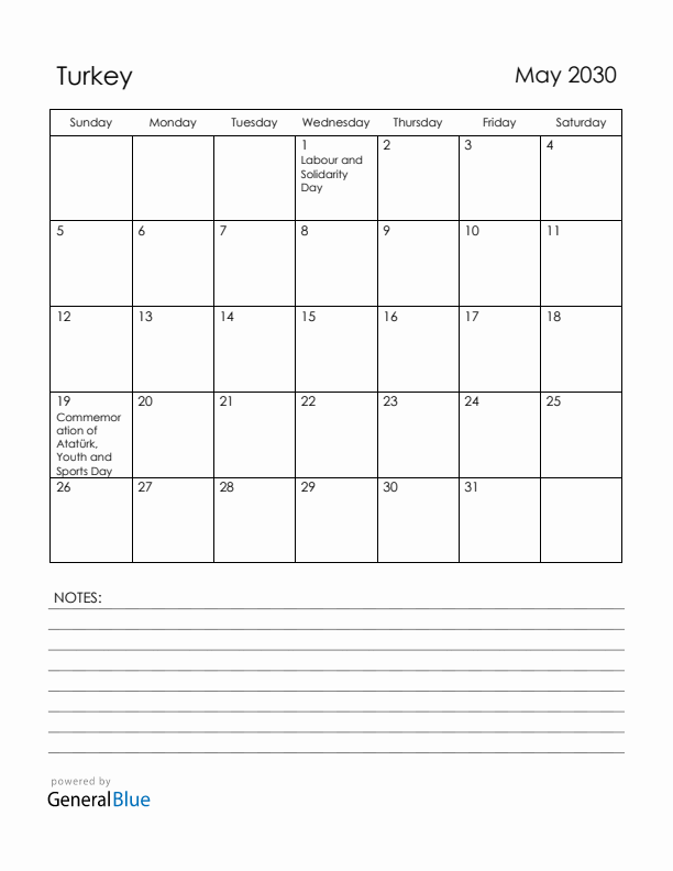 May 2030 Turkey Calendar with Holidays (Sunday Start)