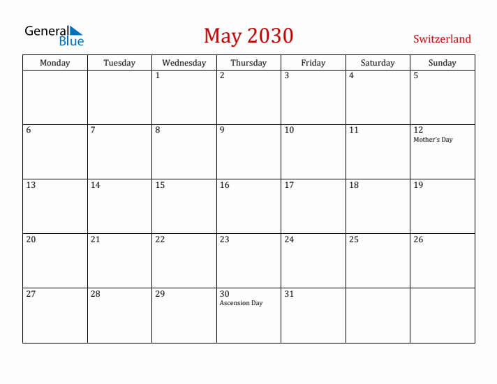 Switzerland May 2030 Calendar - Monday Start