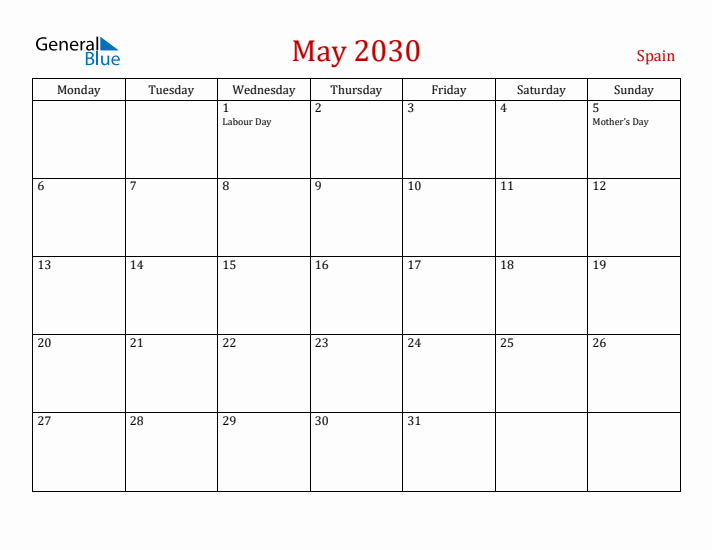 Spain May 2030 Calendar - Monday Start