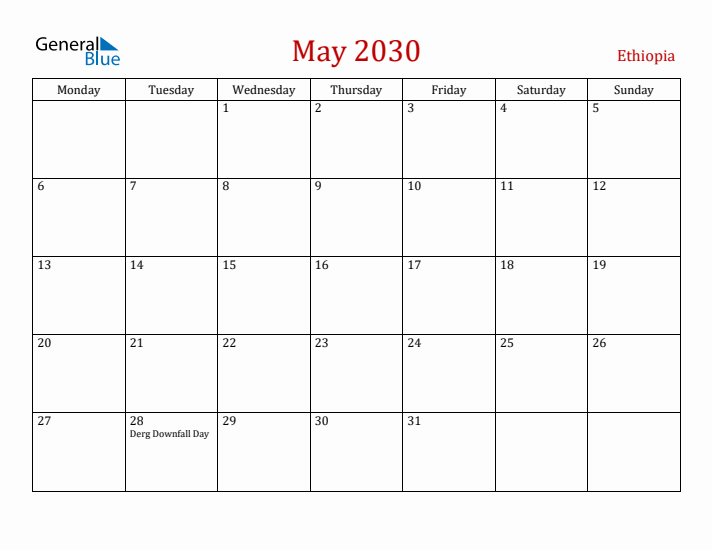 Ethiopia May 2030 Calendar - Monday Start