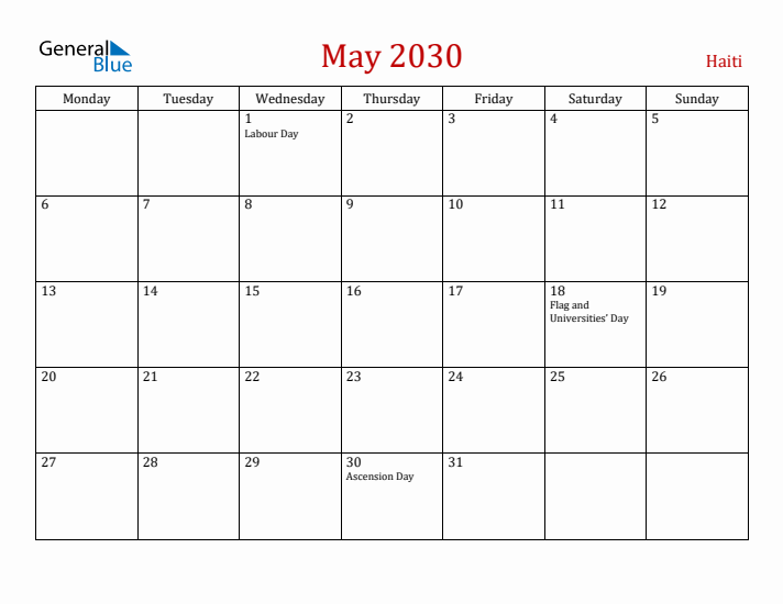 Haiti May 2030 Calendar - Monday Start