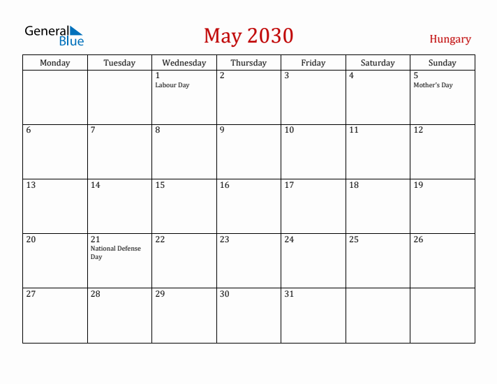 Hungary May 2030 Calendar - Monday Start