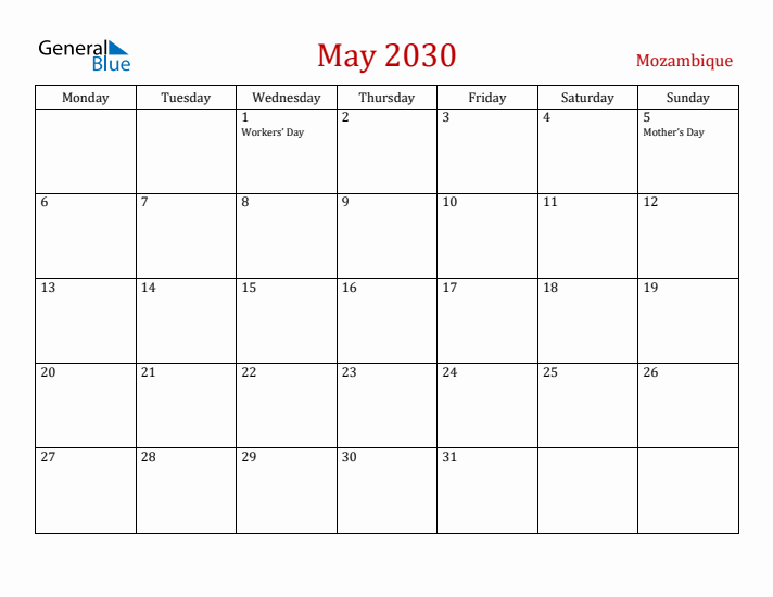 Mozambique May 2030 Calendar - Monday Start