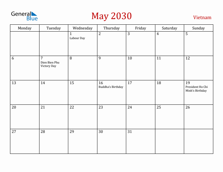 Vietnam May 2030 Calendar - Monday Start