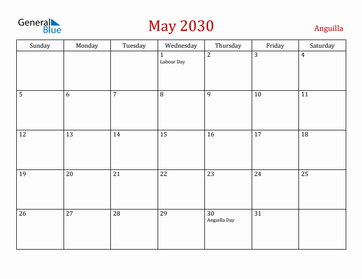 Anguilla May 2030 Calendar - Sunday Start