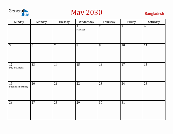 Bangladesh May 2030 Calendar - Sunday Start