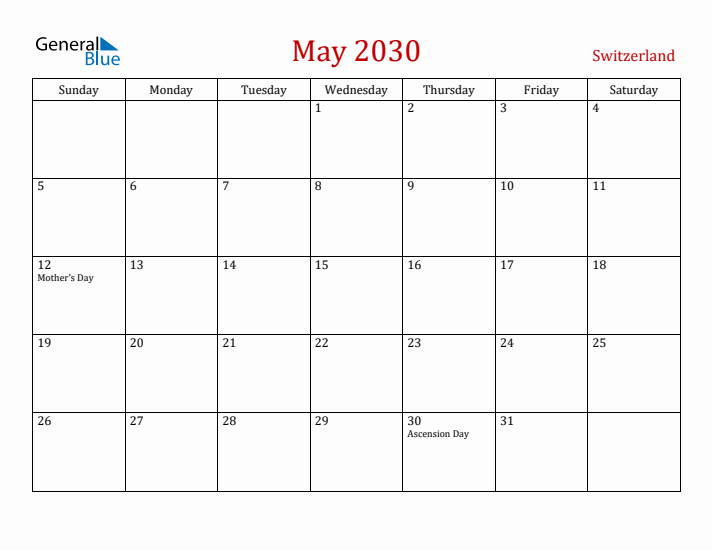 Switzerland May 2030 Calendar - Sunday Start