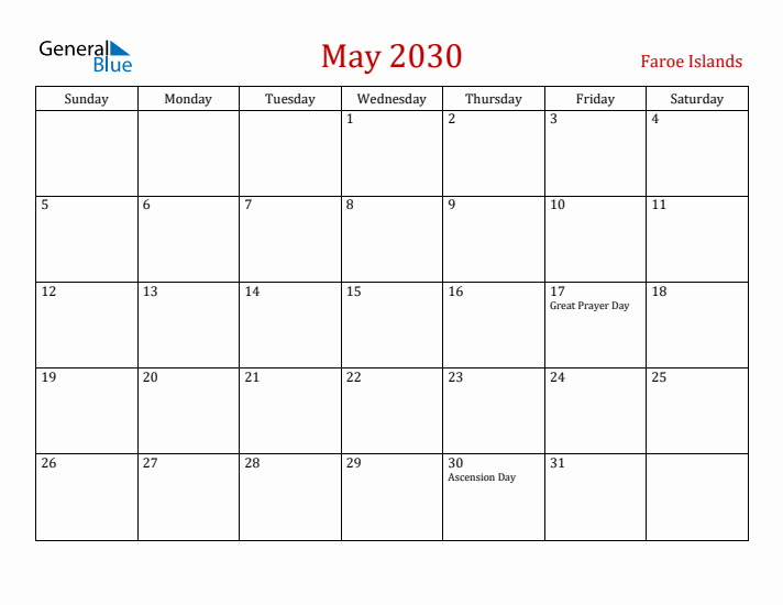 Faroe Islands May 2030 Calendar - Sunday Start