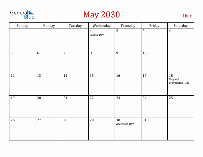 Haiti May 2030 Calendar - Sunday Start